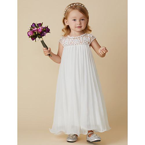 

Sheath / Column Knee Length Wedding / First Communion / Holiday Flower Girl Dresses - Chiffon Short Sleeve Jewel Neck with Beading / Draping