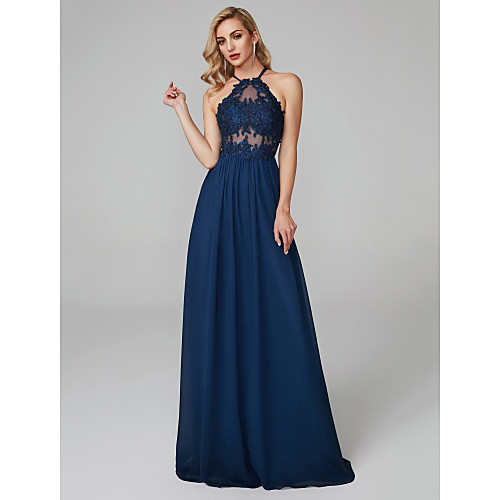 

Sheath / Column Elegant & Luxurious Beautiful Back See Through Prom Formal Evening Dress Halter Neck Sleeveless Floor Length Chiffon Tulle with Beading Appliques 2021