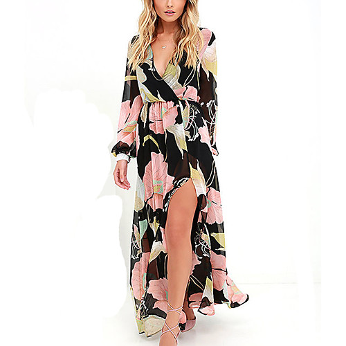 

Women's Sheath Dress Maxi long Dress Black Long Sleeve Floral Fall Summer V Neck Streetwear Punk & Gothic Floral S M L XL XXL 3XL / Plus Size