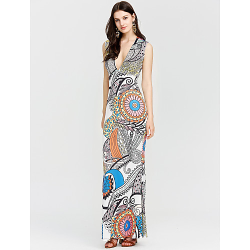 

Women's A Line Dress Maxi long Dress Gray Sleeveless Print Summer Deep V S M L XL