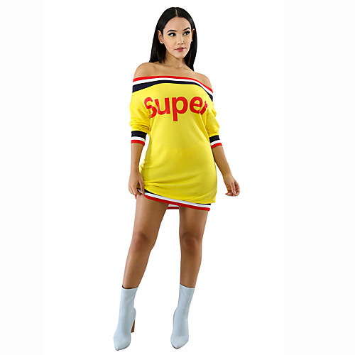 

Women's Shift Dress Short Mini Dress White Yellow Gray Long Sleeve Color Block Summer Boat Neck Streetwear Off Shoulder S M L XL