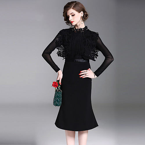 

Women's Sheath Dress Midi Dress Black Long Sleeve Solid Colored Lace Spring Summer Crew Neck Streetwear Sophisticated Party Work S M L XL XXL / High Waist