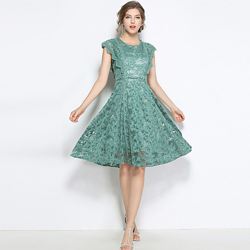 

Women's A Line Dress Knee Length Dress Green Sleeveless Solid Colored Lace Spring Summer Round Neck Vintage Streetwear Party Going out S M L XL XXL / High Waist