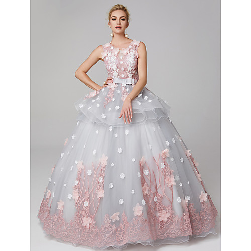 

Ball Gown Peplum Quinceanera Formal Evening Dress Jewel Neck Sleeveless Floor Length Lace Over Tulle with Bow(s) Pattern / Print Appliques 2021