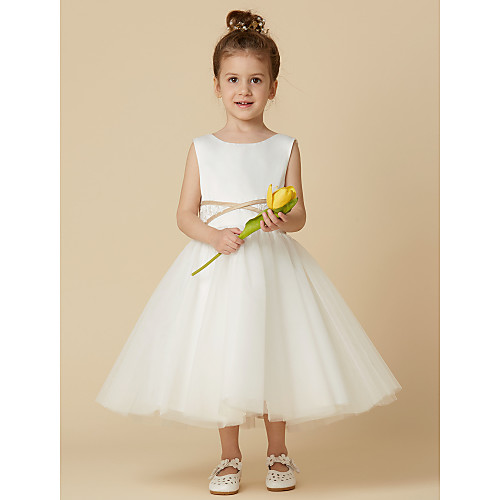 

Princess Tea Length Wedding / First Communion Flower Girl Dresses - Satin / Tulle Sleeveless Jewel Neck with Sash / Ribbon / Appliques