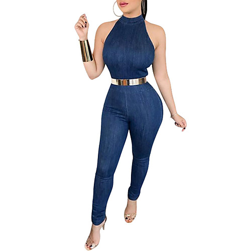 

Women's Streetwear Daily Club Off Shoulder Crew Neck Blue Skinny Jumpsuit Solid Colored Patchwork / Pencil / Sexy