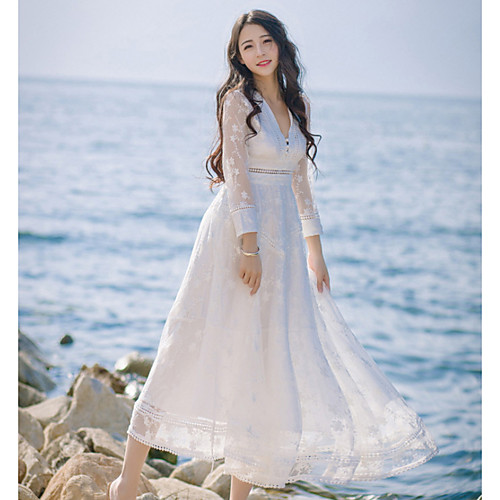 

Women's Swing Dress Maxi long Dress White Long Sleeve Solid Colored Lace Summer V Neck S M L