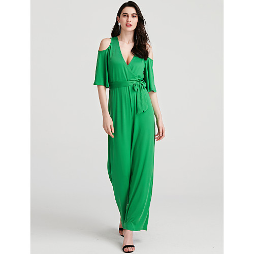 

Women's Sophisticated Holiday V Neck Wide Leg Black Yellow Wine Jumpsuit Solid Colored Cut Out Cotton