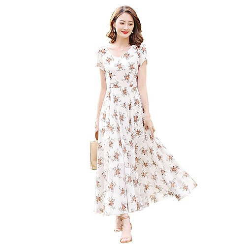

Women's Chiffon Dress Maxi long Dress White Short Sleeve Floral Print Spring Summer V Neck Streetwear S M L XL XXL 3XL / Plus Size