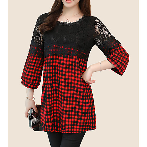 

Women's T shirt Houndstooth Plus Size Lace 3/4 Length Sleeve Daily Tops Basic Black Red