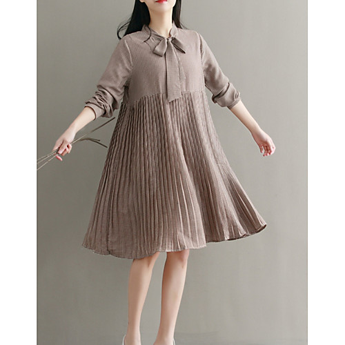 

Women's A Line Dress Knee Length Dress Khaki 3/4 Length Sleeve Houndstooth Pleated Bow Print Summer V Neck M L XL XXL