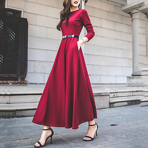 

Women's Swing Dress Maxi long Dress Black Wine Long Sleeve Solid Colored Round Neck Streetwear S M L XL XXL