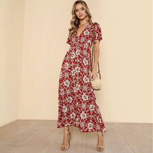 

Women's Chiffon Dress Maxi long Dress Red Short Sleeve Floral Geometric Print Spring Summer V Neck Deep V Streetwear Cotton Floral S M L XL