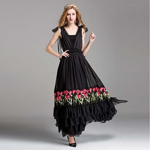 

Women's Skater Maxi long Dress Black Red Sleeveless Solid Colored Summer Round Neck Basic Party Cotton Floral M L XL