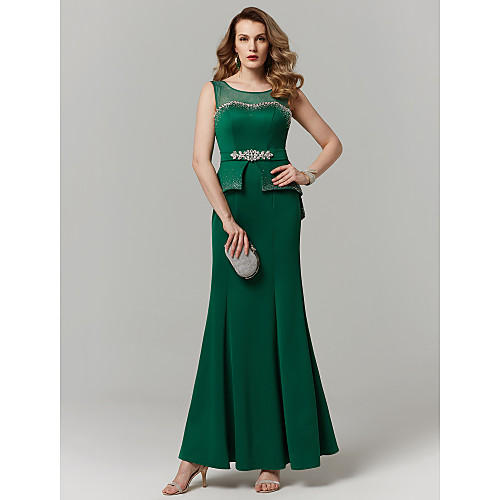 

Mermaid / Trumpet Open Back Formal Evening Dress Illusion Neck Sleeveless Floor Length Satin Tulle with Sash / Ribbon Crystals 2021