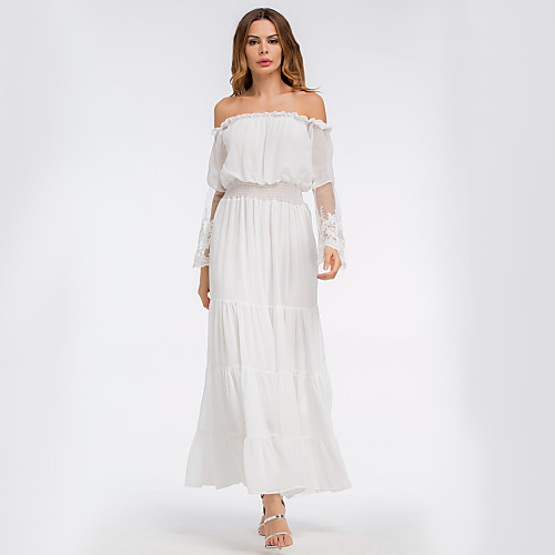 

Women's A Line Dress Maxi long Dress White Long Sleeve Solid Colored Summer Boat Neck Basic Going out Slim Off Shoulder S M L XL XXL