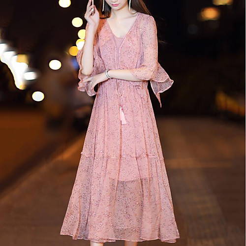 

Women's Shift Dress Midi Dress Blushing Pink 3/4 Length Sleeve Dusty Rose Plaid Summer V Neck Streetwear Boho Flare Cuff Sleeve S M L XL XXL