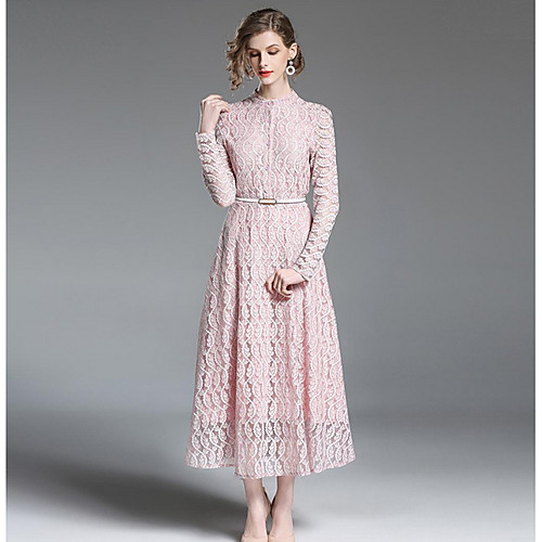 

Women's Swing Dress Midi Dress Blushing Pink Beige Long Sleeve Dusty Rose Solid Colored Spring Round Neck Lace S M L XL XXL
