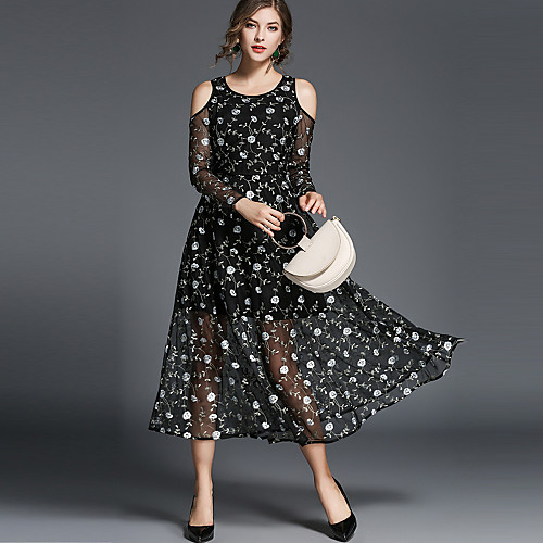 

Women's A Line Dress Midi Dress Black Long Sleeve Floral Embroidered Cut Out Spring Summer Round Neck Streetwear Boho Holiday Going out S M L XL / High Waist