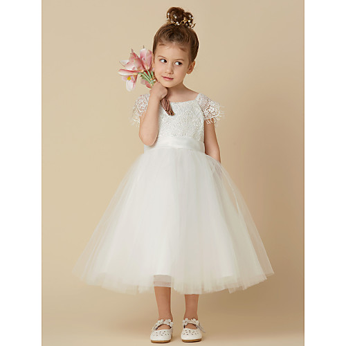 

A-Line Knee Length Wedding / First Communion Flower Girl Dresses - Lace / Tulle Short Sleeve Scoop Neck with Sash / Ribbon