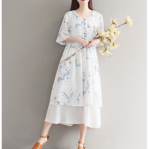 

Women's Chiffon Dress Midi Dress White Half Sleeve Floral Summer Round Neck M L XL XXL