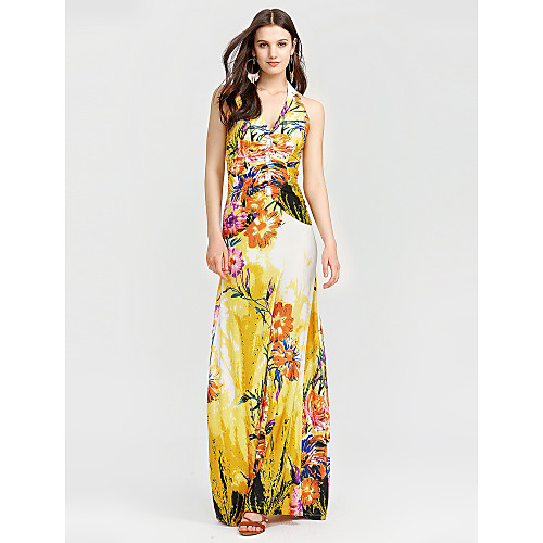 

Women's Sheath Dress Maxi long Dress Yellow Sleeveless Floral Summer V Neck M L XL XXL
