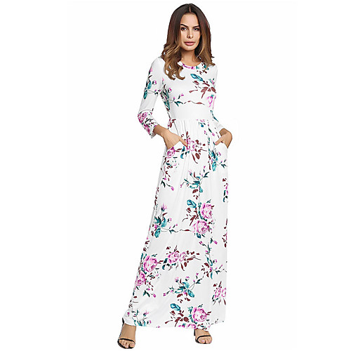 

Women's Sheath Dress Maxi long Dress White Black Royal Blue 3/4 Length Sleeve Floral Summer Round Neck Cotton Floral S M L XL XXL