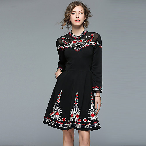 

Women's A Line Dress Knee Length Dress Black Long Sleeve Floral Embroidered Spring Crew Neck Vintage Streetwear Going out M L XL XXL
