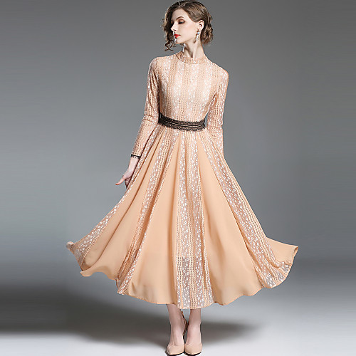 

Women's A Line Dress Maxi long Dress Beige Long Sleeve Solid Colored Lace Spring Summer Crew Neck Vintage Streetwear Party Going out Lace S M L XL XXL / High Waist