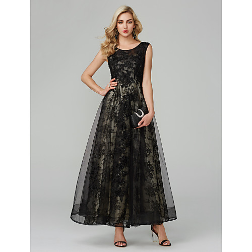 

A-Line Open Back Holiday Cocktail Party Formal Evening Dress Jewel Neck Sleeveless Floor Length Tulle with Appliques 2021