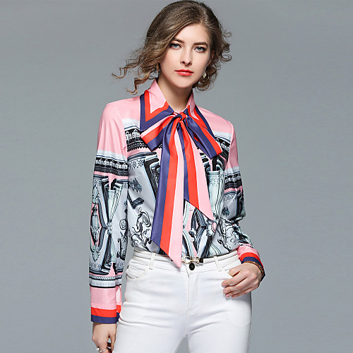 

Women's Floral Shirt Bow Long Sleeve Daily Tops Streetwear Shirt Collar Blushing Pink / Work