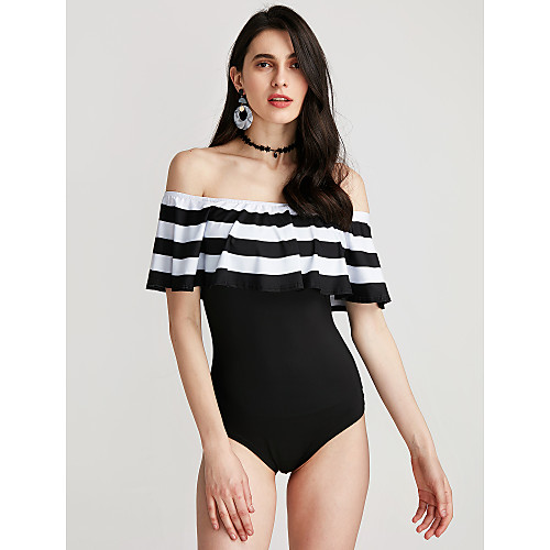 

Women's Casual Vintage Daily Club Beach Boat Neck Ruffle White Black Skinny Romper Striped Backless Ruffle