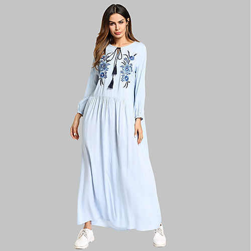 

Women's Tunic Maxi long Dress Light Blue Long Sleeve Solid Colored Embroidered Summer Round Neck Cotton Boho Bohemia Beach M L XL XXL