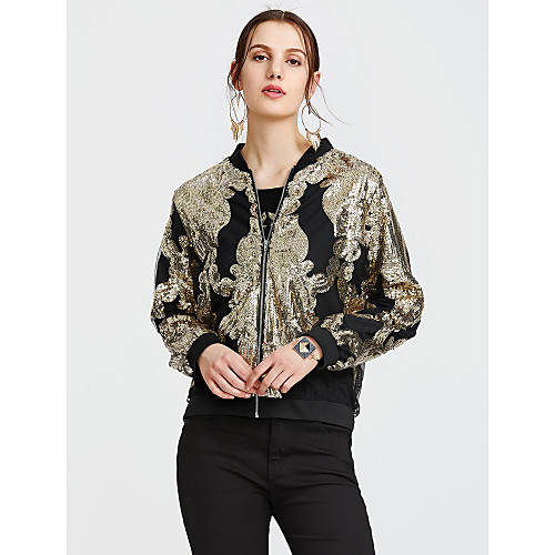 

Women's Sequin Sequins Geometric Pattern Fall Jacket Regular Daily Long Sleeve Polyester Coat Tops Black