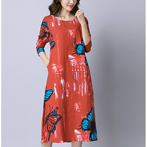 

Women's Swing Dress Midi Dress Blue Red Light Green Long Sleeve Solid Colored Spring Round Neck M L XL XXL