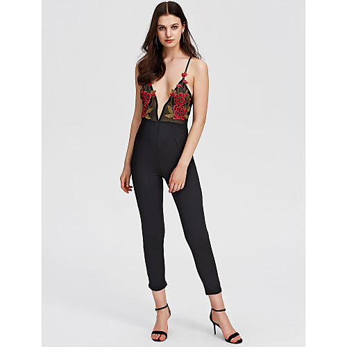 

Women's Simple Holiday V Neck Black Jumpsuit Print Cotton