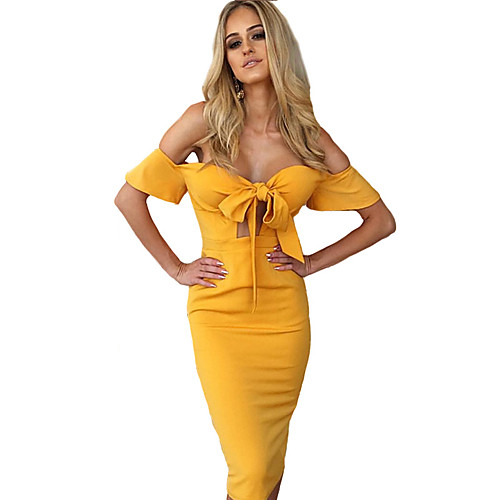 

Women's Sheath Dress Midi Dress Yellow Orange Sleeveless Solid Colored Backless Ruffle Patchwork Spring Summer Boat Neck Off Shoulder Streetwear S M L XL