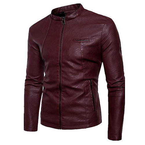 

Men's Leather Jackets Solid Colored Basic Winter Faux Leather Jacket Regular Daily Long Sleeve PU Coat Tops Black