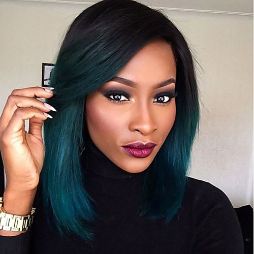 

Remy Human Hair Full Lace Wig Bob Layered Haircut Short Bob style Brazilian Hair Straight Blue Wig 130% Density with Baby Hair Ombre Hair Dark Roots Women's 8-14 Human Hair Lace Wig Aili Young Hair