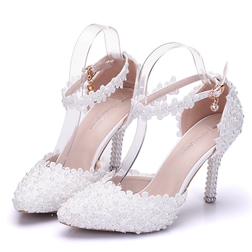

Women's Wedding Shoes Glitter Crystal Sequined Jeweled Stiletto Heel Pointed Toe Comfort Novelty Wedding Party & Evening PU Pearl Satin Flower Buckle Solid Colored White / EU40