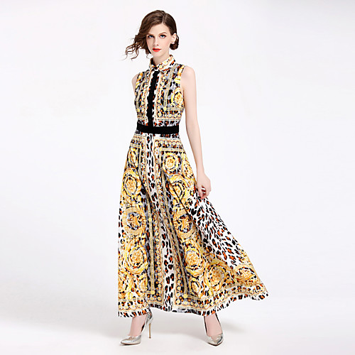 

Women's A Line Dress Maxi long Dress Yellow Sleeveless Floral Leopard Print Spring Summer Shirt Collar Streetwear Sophisticated Party Going out Puff Sleeve Slim S M L XL XXL / High Waist