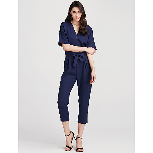 

Women's Simple Daily V Neck Black Royal Blue Jumpsuit Solid Colored