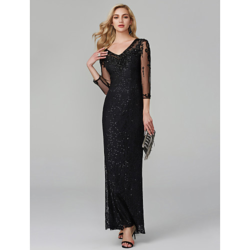 

Mermaid / Trumpet Elegant & Luxurious Sparkle & Shine See Through Formal Evening Wedding Party Dress V Neck 3/4 Length Sleeve Floor Length Lace Sequined with Beading 2020 / Illusion Sleeve