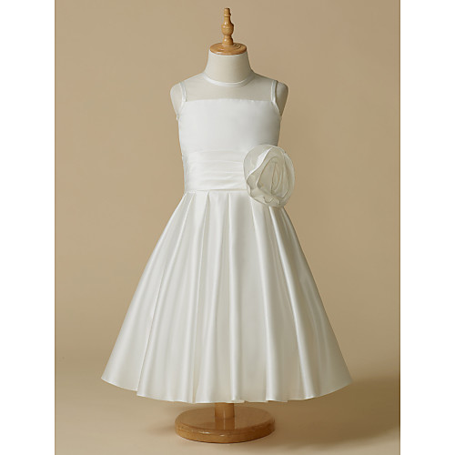 

A-Line Tea Length Wedding / First Communion Flower Girl Dresses - Taffeta Sleeveless Jewel Neck with Flower