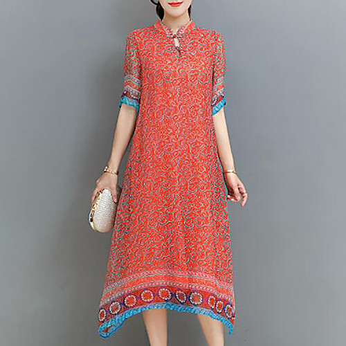 

Women's Loose Midi Dress Red Half Sleeve Geometric Print Summer Round Neck Basic M L XL XXL 3XL / Plus Size