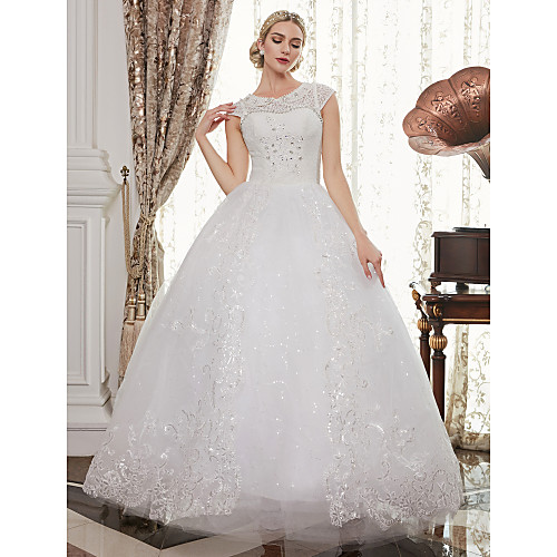 

Ball Gown Wedding Dresses Jewel Neck Floor Length Lace Over Tulle Cap Sleeve Vintage Sparkle & Shine with Beading Appliques 2021