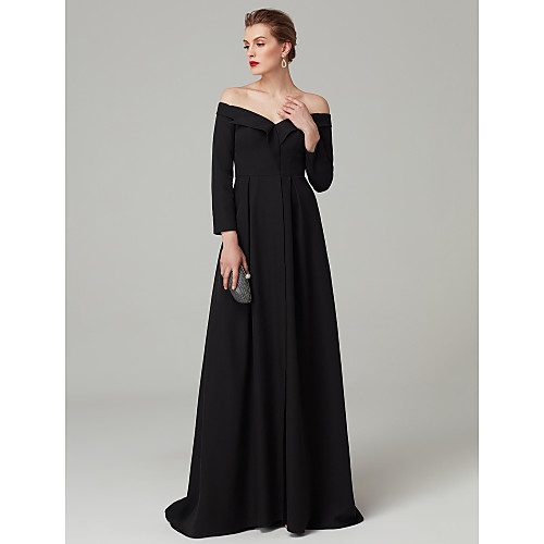 

Ball Gown Celebrity Style Open Back Formal Evening Black Tie Gala Dress Off Shoulder Long Sleeve Floor Length Spandex with Pleats Draping 2021