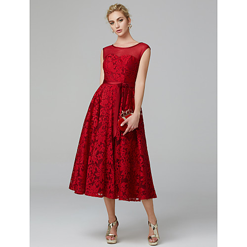 

A-Line Elegant Cocktail Party Wedding Party Dress Illusion Neck Sleeveless Tea Length All Over Floral Lace with Pleats 2021