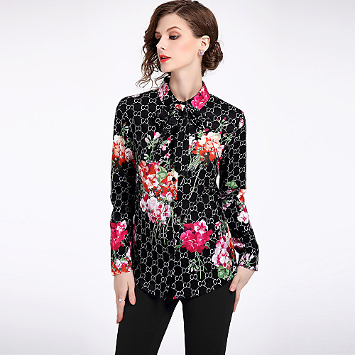 

Women's Floral Shirt Long Sleeve Daily Tops Streetwear Shirt Collar Black