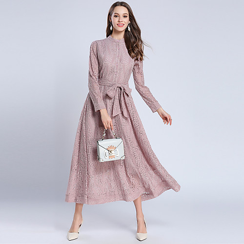 

Women's Swing Dress Maxi long Dress Blushing Pink Long Sleeve Dusty Rose Solid Colored Lace Spring Summer Stand Collar Streetwear Party Going out Lace S M L XL XXL